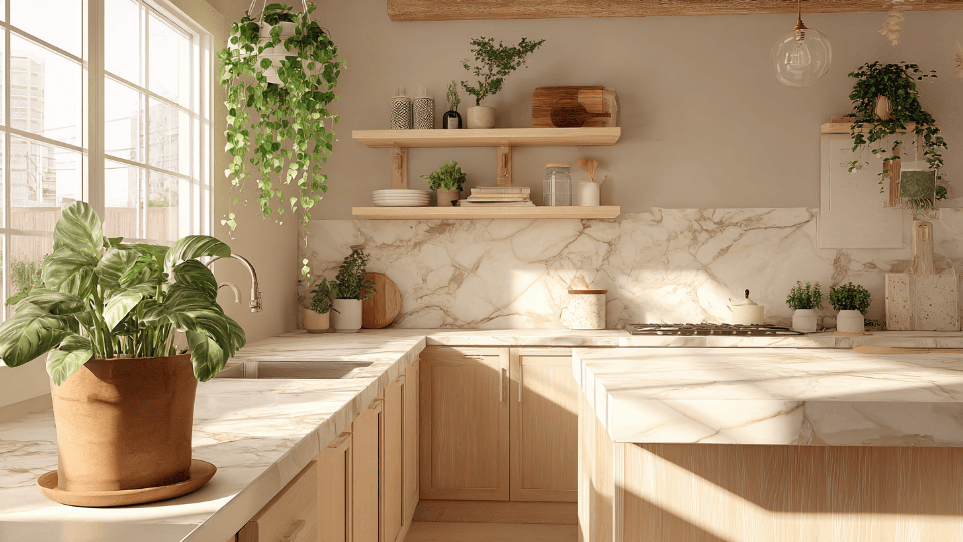 How to Style Plants in a Marble Kitchen